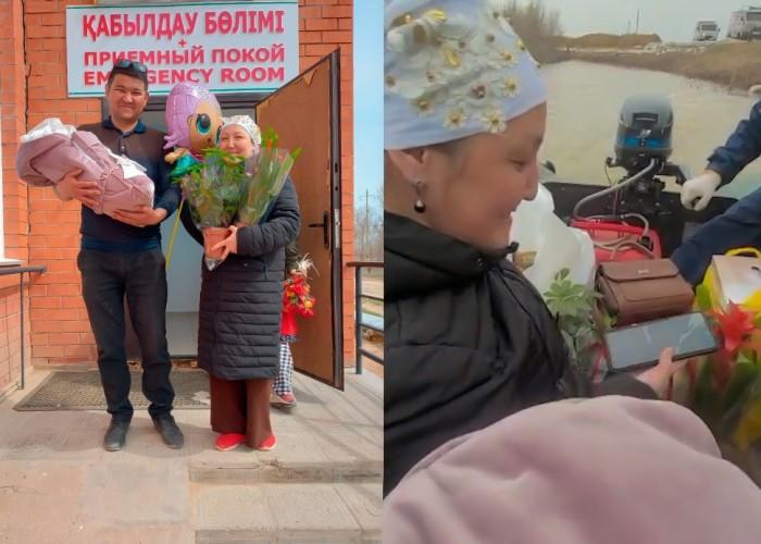 На резиновой лодке привез жену и дочь из роддома житель Атырауской области (видео)